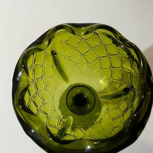 1960’s Indiana Glass Co., Avocado, Duet pattern. Ruffled edge, Vase or Compote